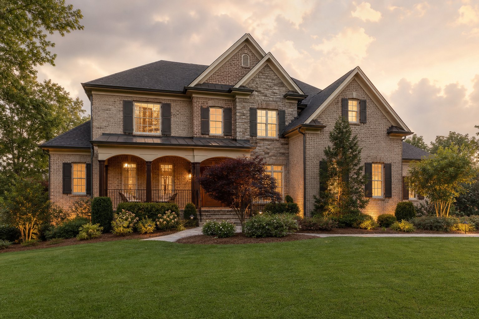 A traditional brick and stone home in the Charlotte, North Carolina area at golden hour