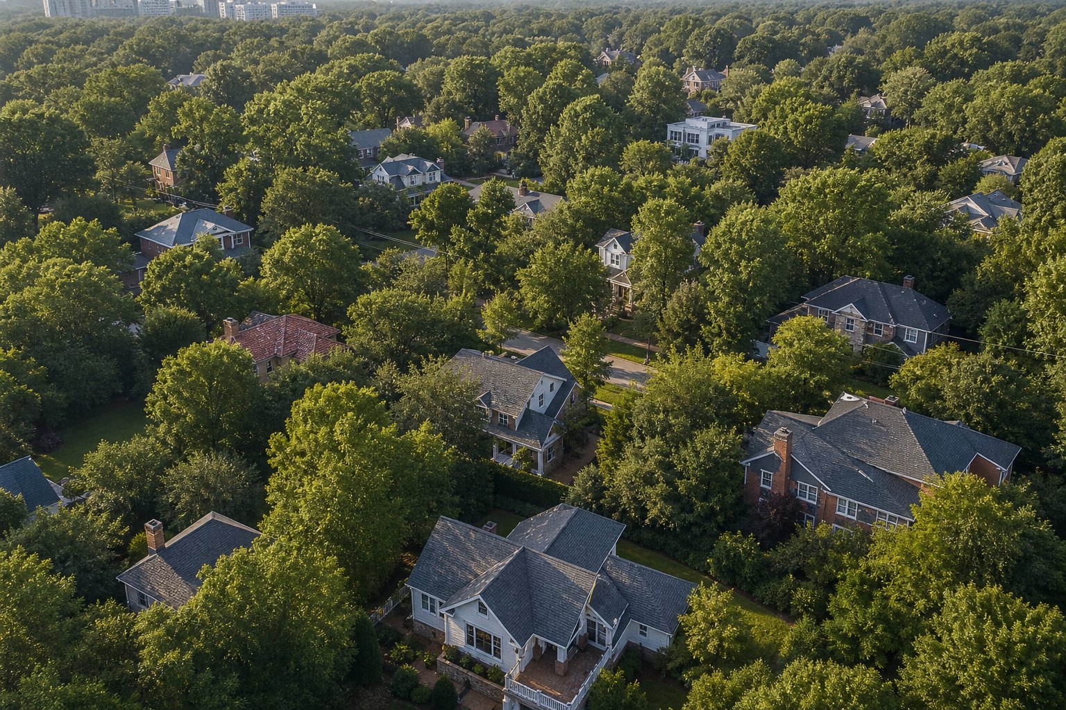 An aerial view of a tree canopy neighborhood near Charlotte, North Carolina, illustrative