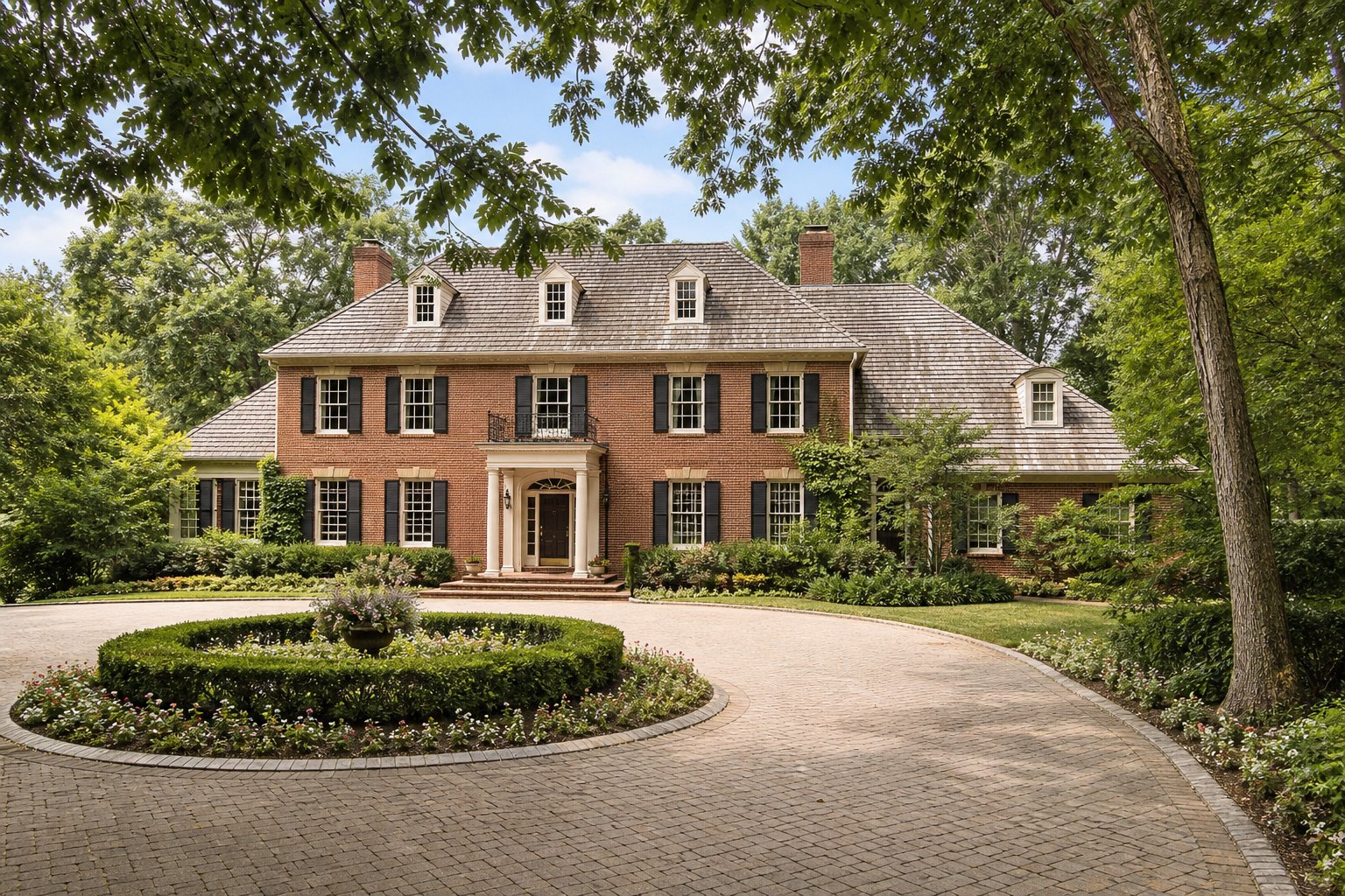 An upscale brick colonial home in the Charlotte area, illustrative