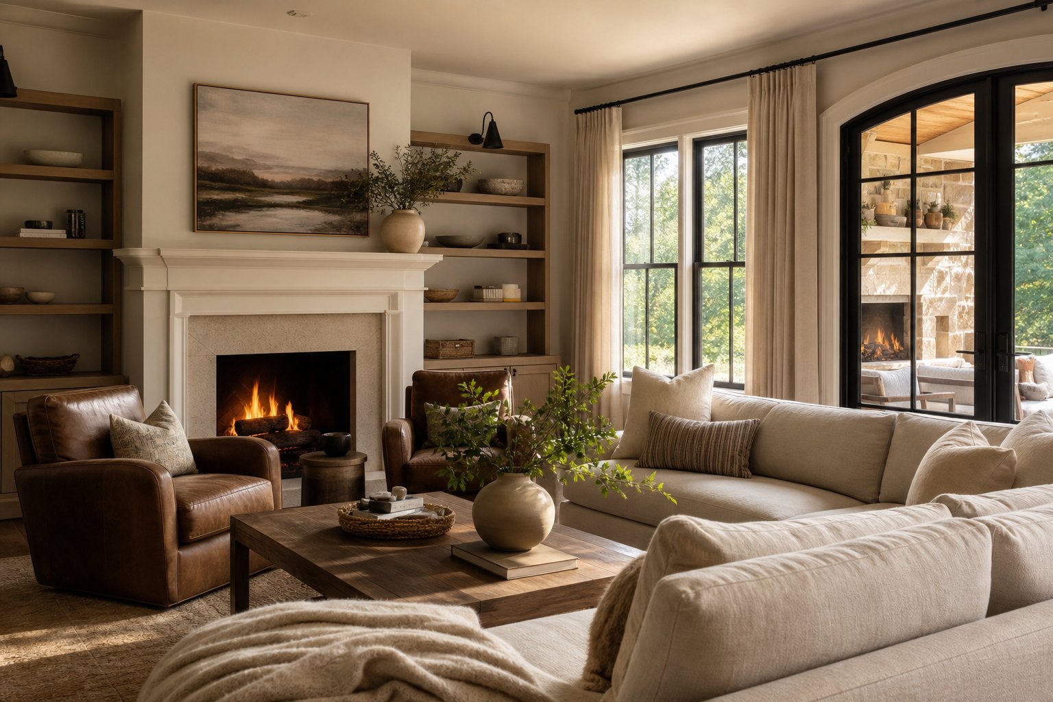 A cozy living room with a fireplace in a Carolinas home, illustrative