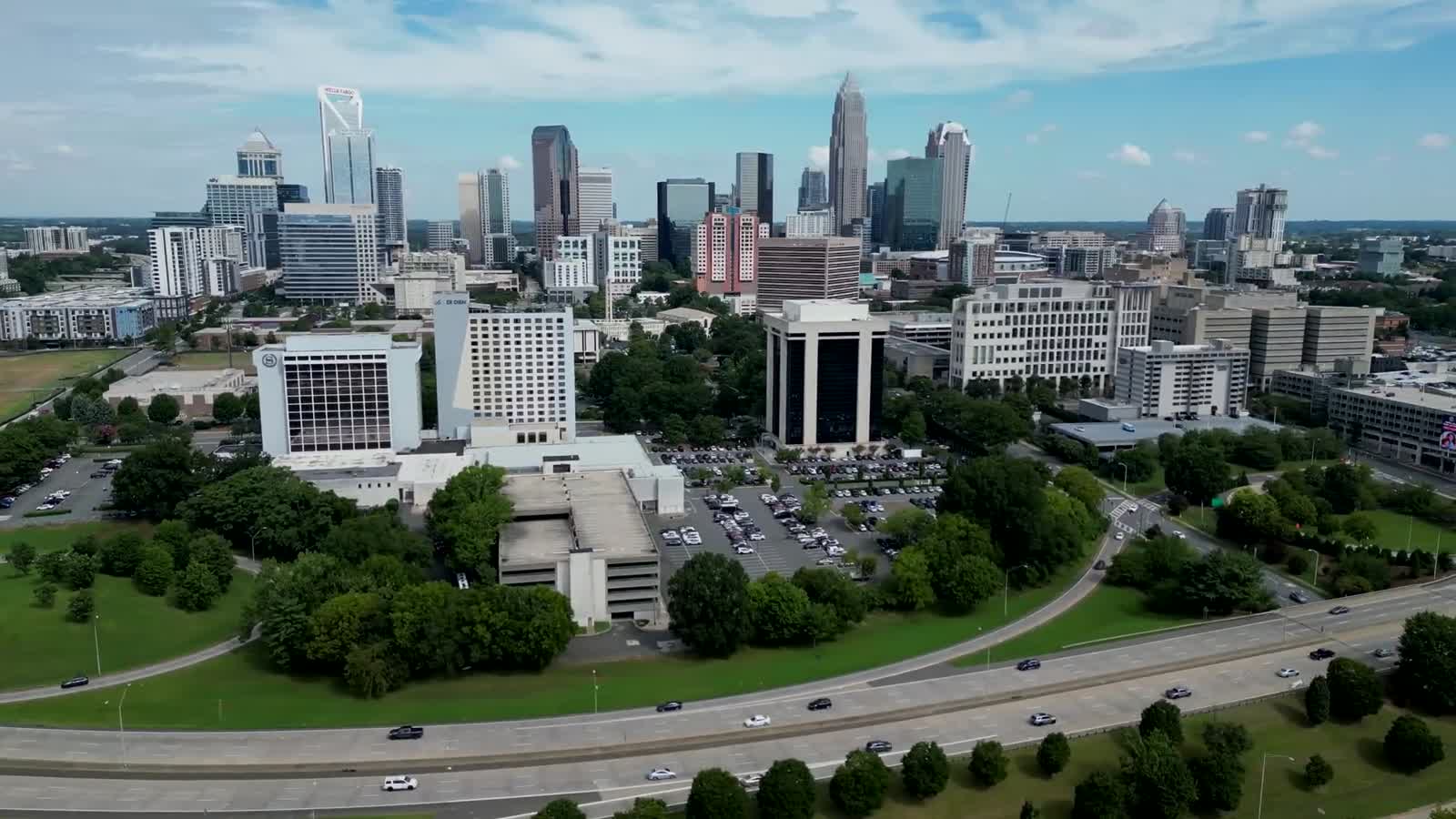 An aerial view of the uptown Charlotte, North Carolina skyline